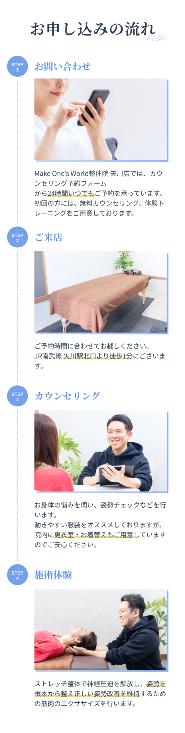 Make One’s World整体院 矢川店のお申し込みの流れ